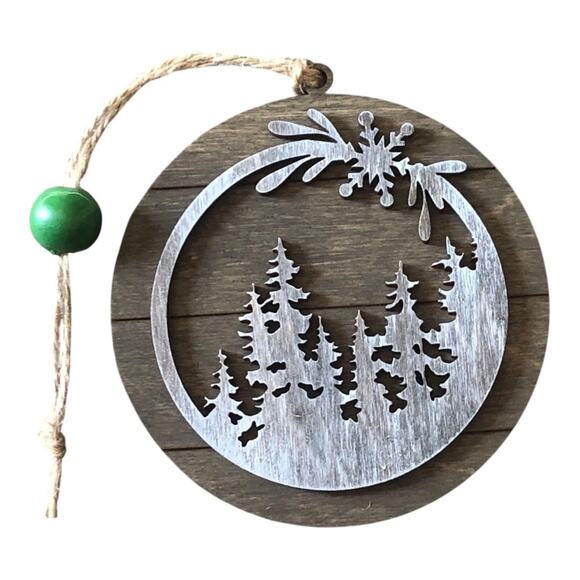 Whimsical Brown Rustic Etched Silver Trees Brown Ornament Hand Painted Wood - Picture 8 of 8